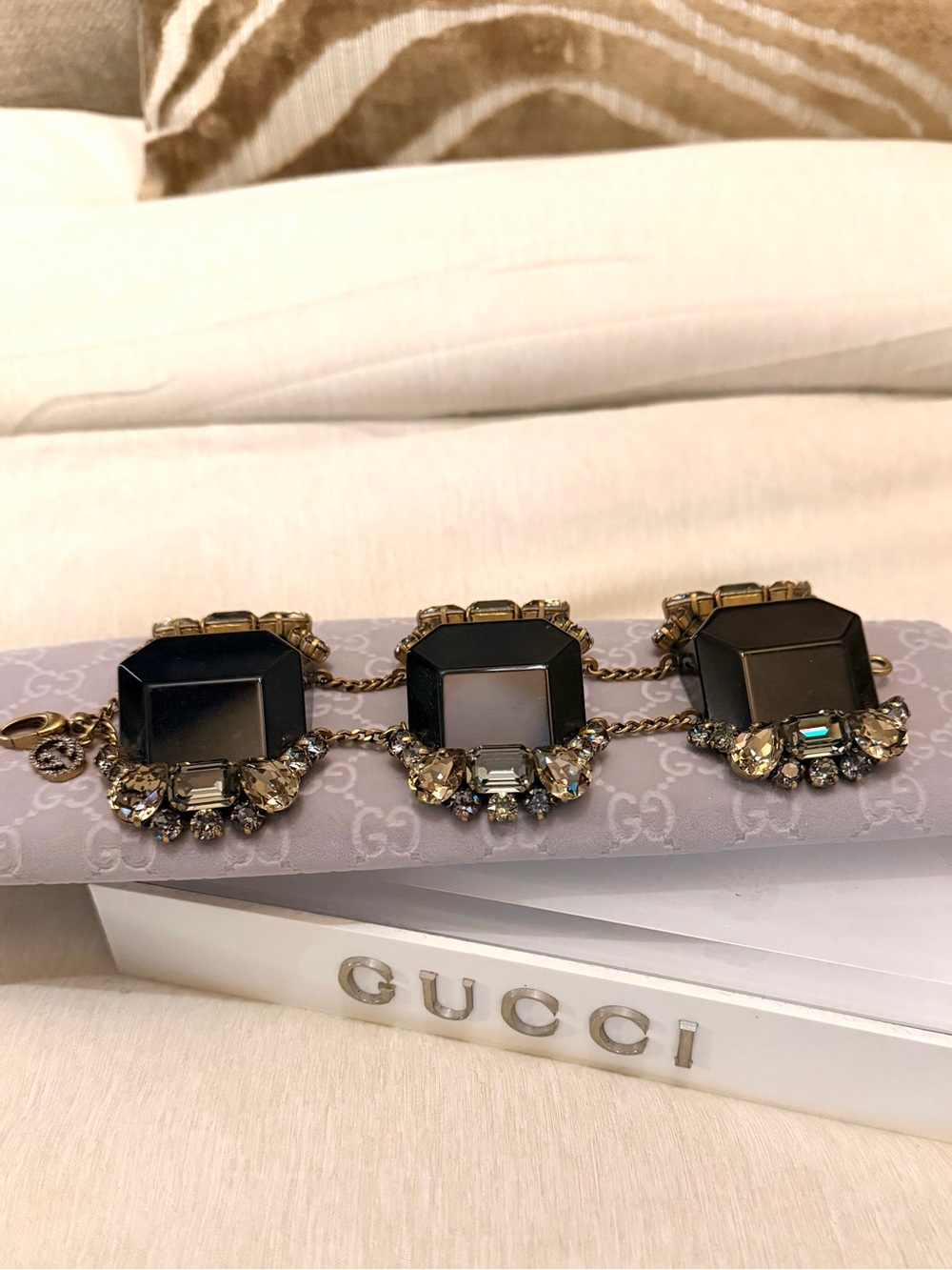 Rare Gucci Resin Oversized Black and Gold Crystal Statement Bracelet